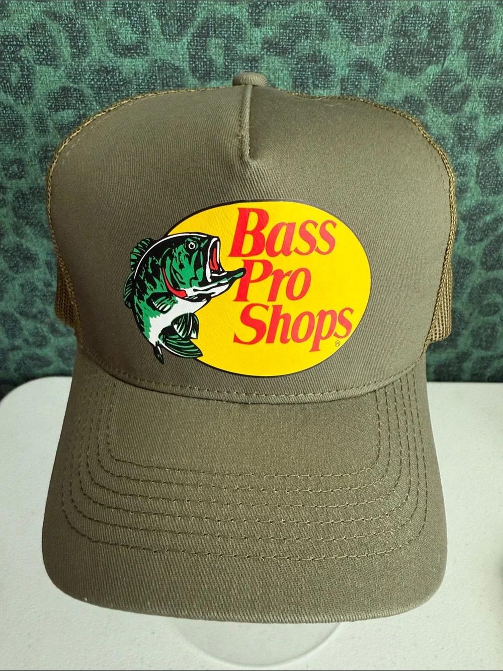 Bass Pro Shops Olive Brown Hat with Yellow Logo and Green Fish